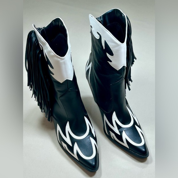 NFS CAPE ROBBIN BLACK WHITE MIX MARQUE WESTERN FRINGE COWBOY POINTY TOE BOOTS - Picture 7 of 14